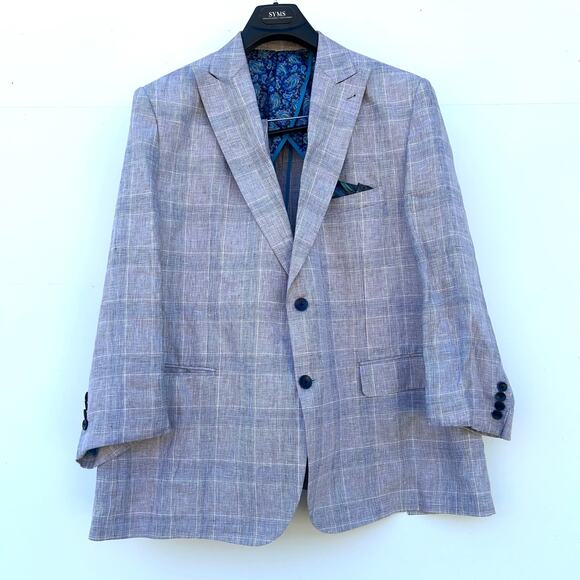 Paul Fredrick Linen Suit Gray Windowpane Plaid Jacket 48R Pants 46W Paisley - Picture 1 of 9